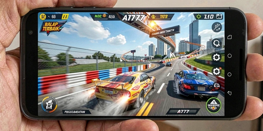Screenshot AT777 menampilkan aksi balap mendebarkan dan mobil yang keren.