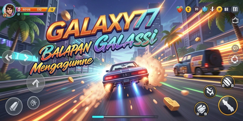 Screenshot gameplay GALAXY77 menampilkan mobil melaju kencang di lintasan luar angkasa.