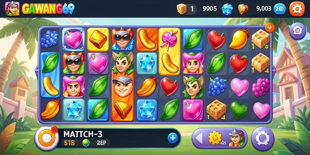 Tampilan gameplay seru GAWANG69 dalam mode Match-3.