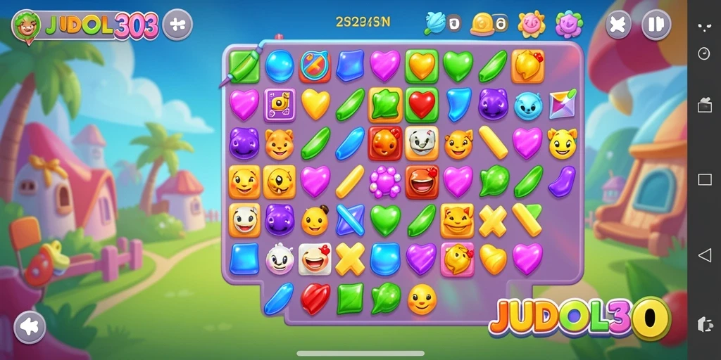 Tampilan gameplay menarik dalam JUDOL303 dengan simbol warna-warni.