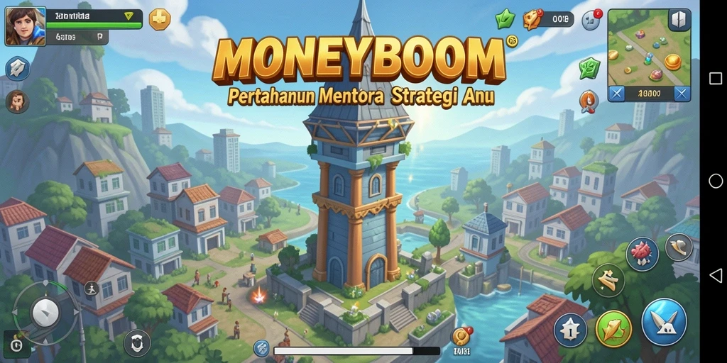 Screenshot gameplay Tower Defense MONEYBOOM yang penuh aksi dan strategi.