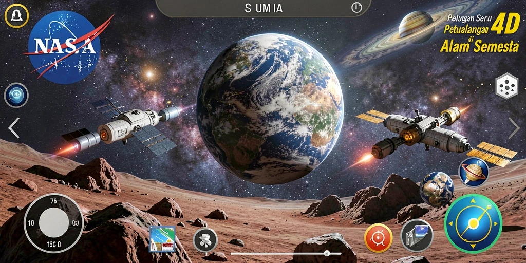 Screenshot gameplay NASA4D yang menunjukkan eksplorasi luar angkasa.