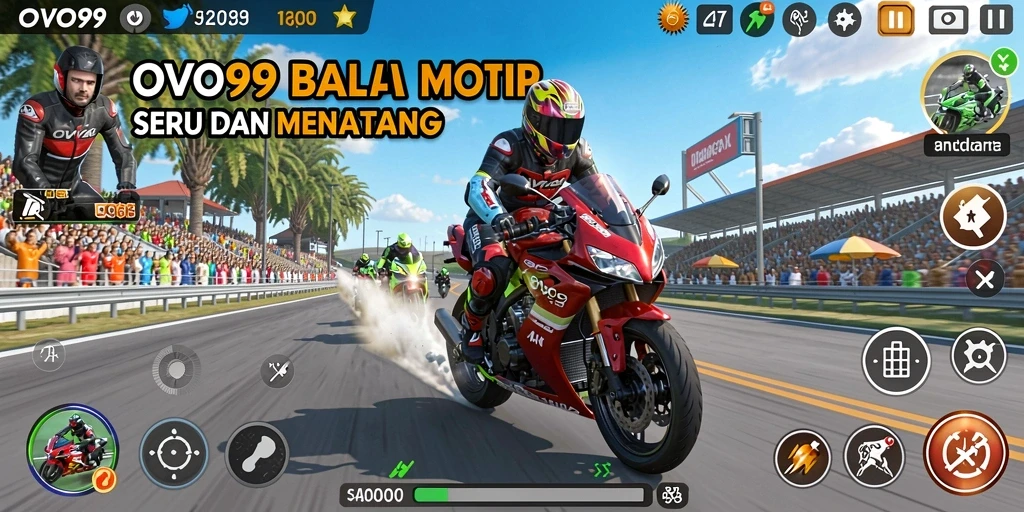Screenshot gameplay OVO99 menampilkan aksi balapan motor yang menggetarkan.