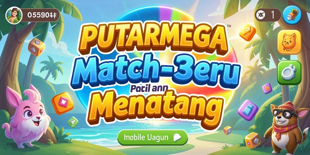Screenshot gameplay PUTARMEGA dengan elemen Match-3 yang berwarna-warni.