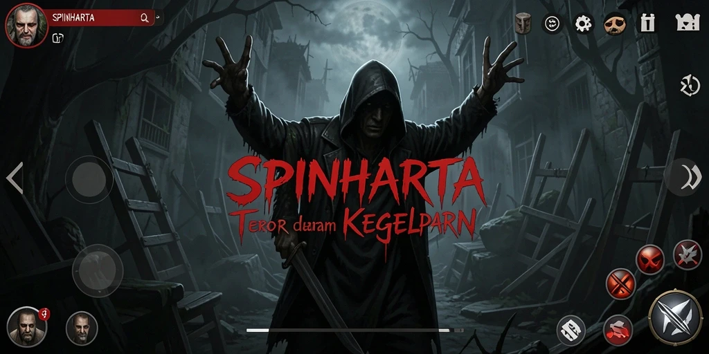 Screenshot utama SPINHARTA menampilkan suasana mencekam dari gameplay horor.