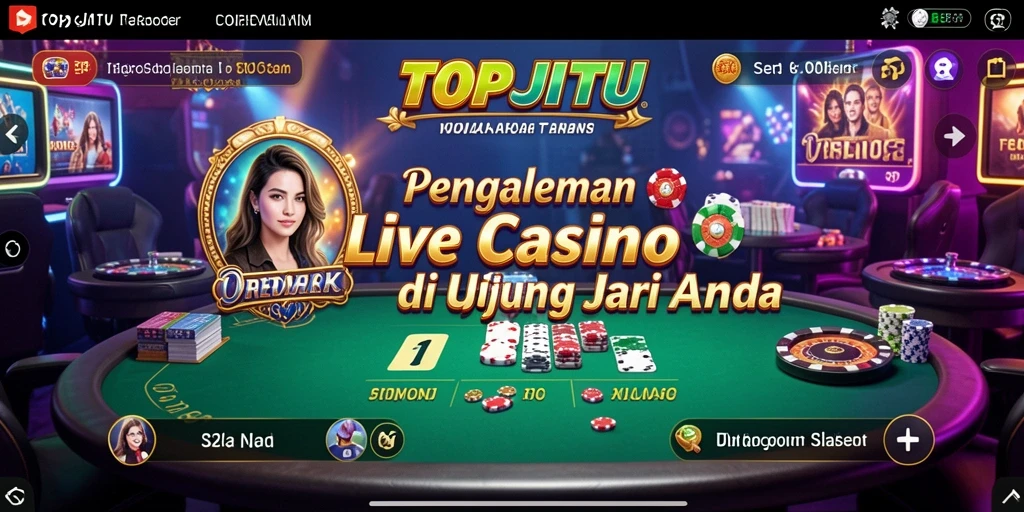 Screenshot gameplay TOPJITU menampilkan dealer profesional dan suasana kasino yang hidup.