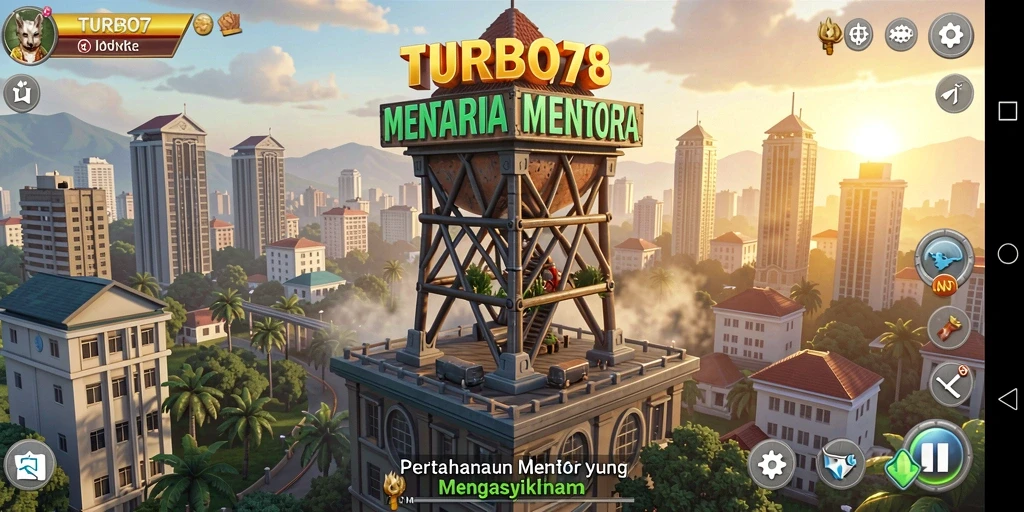 Screenshot gameplay menampilkan aksi menara mempertahankan dari gelombang musuh.