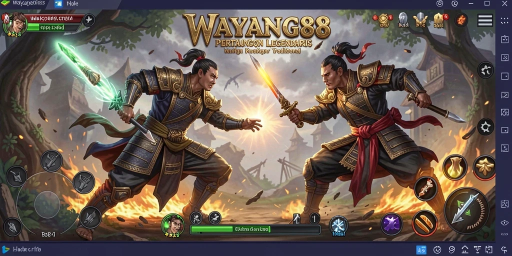 Tampilan gameplay pertarungan seru di WAYANG88 dengan karakter wayang.